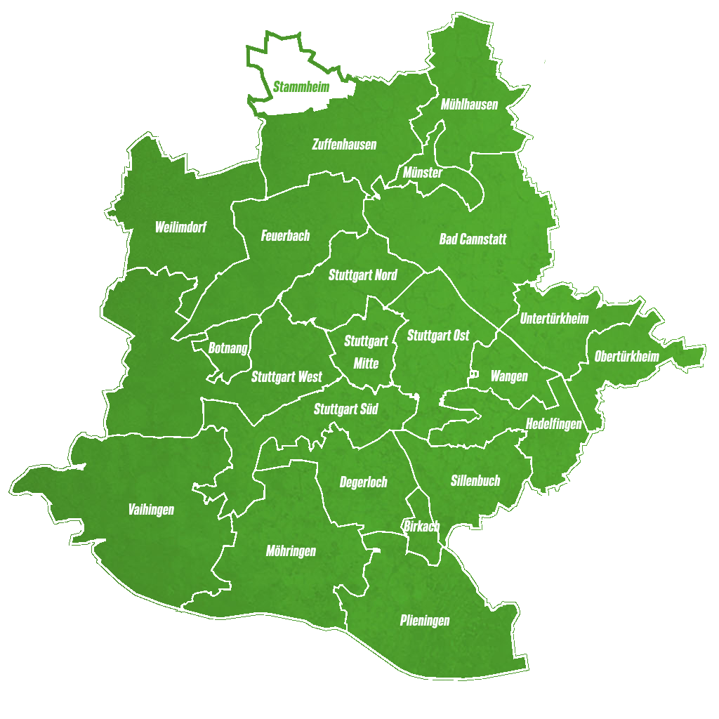 Karte von Stuttgart unterteilt in die Bezirke