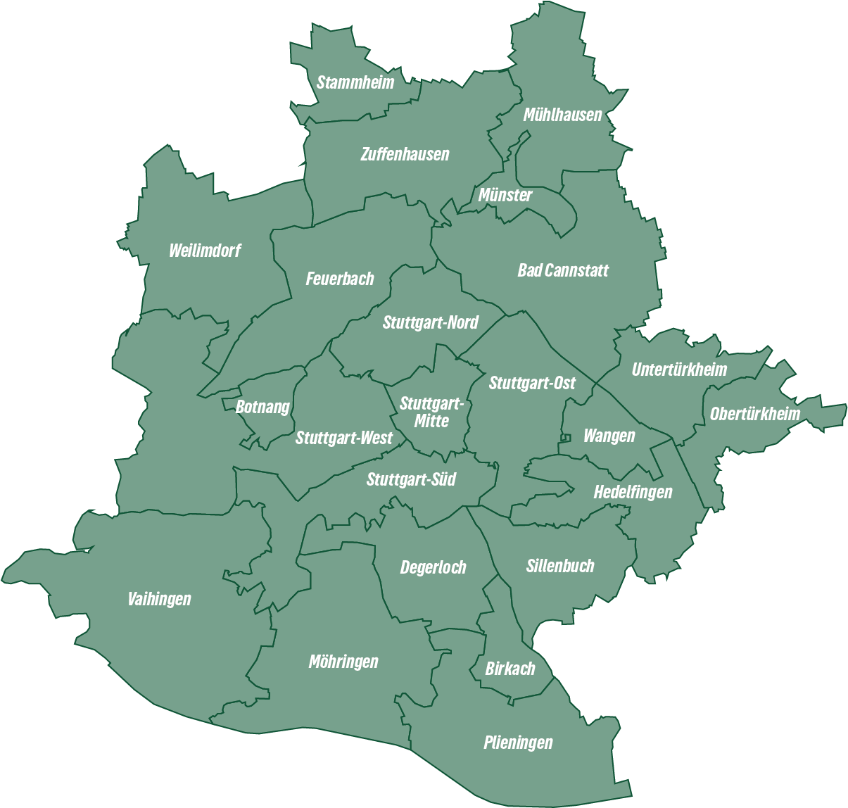 Karte von Stuttgart unterteilt in die Bezirke
